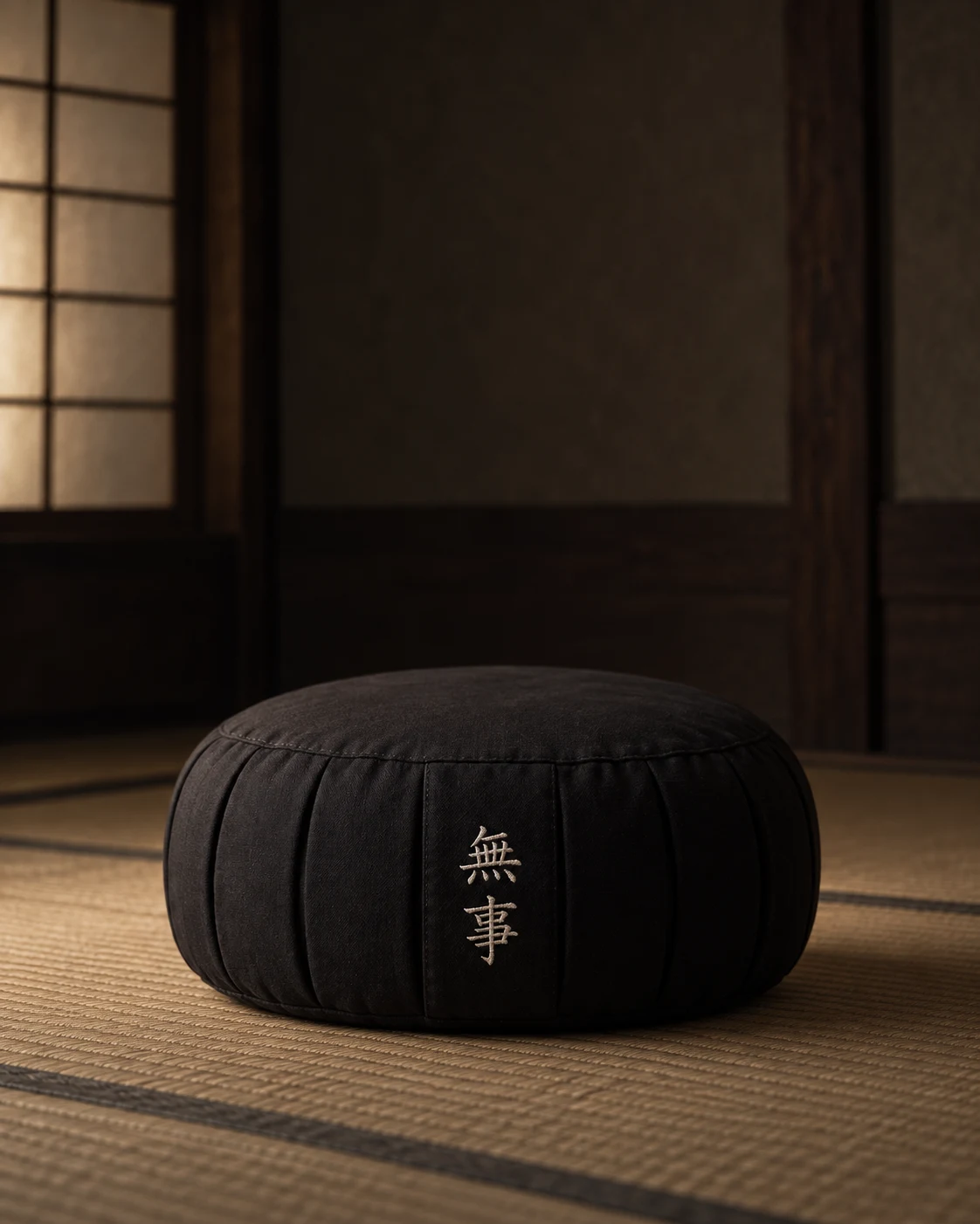 Un zafu de meditación sobre el tatami, junto a la luz de una ventana